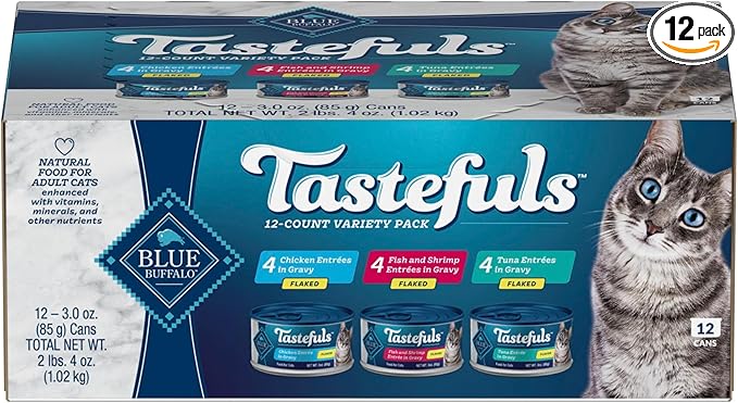 Blue Buffalo Tastefuls Flaked Adult Wet Cat Food Variety Pack (Tuna, Chicken, Fish & Shrimp), Natural Ingredients Enhanced with Vitamins, Minerals & Other Nutrients, 3-oz. Each (12 Cans)