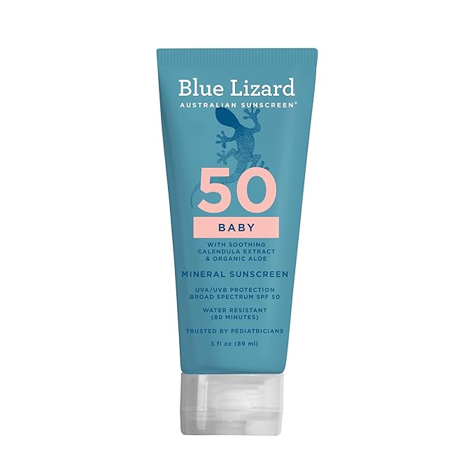BLUE LIZARD Baby Mineral Sunscreen with Zinc Oxide, SPF 50+, Water Resistant, UVA/UVB Protection with Smart Cap Technology - Fragrance Free, 3 Ounce Tube