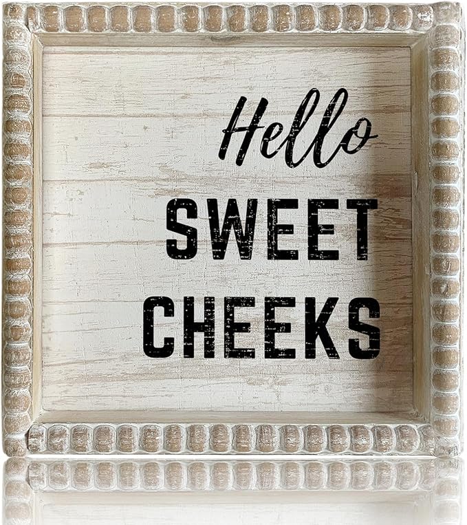 Boho Farmhouse Wooden Framed Bathroom Decor Signs, Funny Restroom Decorative Plaque Small Cute, Toilet Rules Shelf Decoration (Hello Sweet Cheeks)