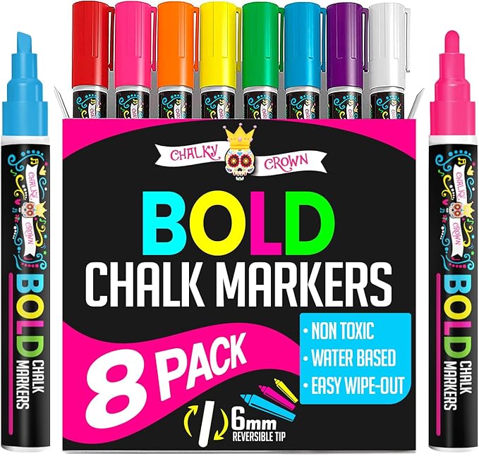 Bold Chalk Markers - Dry Erase Marker Pens - Liquid Chalk Markers for Chalkboards, Signs, Windows, Blackboard, Glass, Mirrors - Chalkboard Marker with Reversible Tip (8 Pack) - (Multicolored, 6mm)