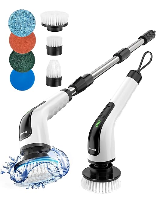 Bomves Electric Spin Scrubber, Cordless Cleaning Brush Scrubber for Home, Multi Replaceable Brush Heads-90Mins Work Time, 3 Adjustable Size, 2 Speeds for Bathroom Shower Bathtub Glass Car