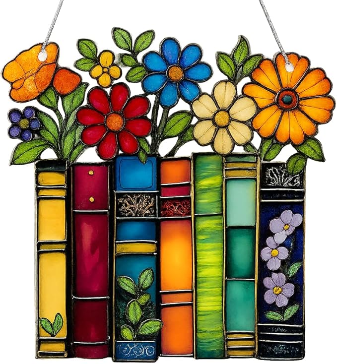 Book Lovers Gifts Book Ornament, Teacher Gifts for Women, Librarian, Reader, Bookworm, English Teacher Appreciation Reading Gift, Faux Stained Glass Window Hanging, Bookish Christmas Stocking Stuffer
