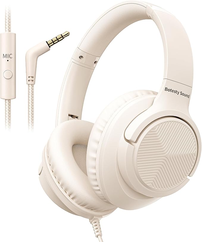 Botesty Sound Headphones Wired with Microphone, Over Ear Foldable 3.5mm Plug in Headphones Corded with 4.9ft Tangle-Free Nylon Cord for Tablet, Laptop, MP3/4, School, Airplane Travel (Beige)