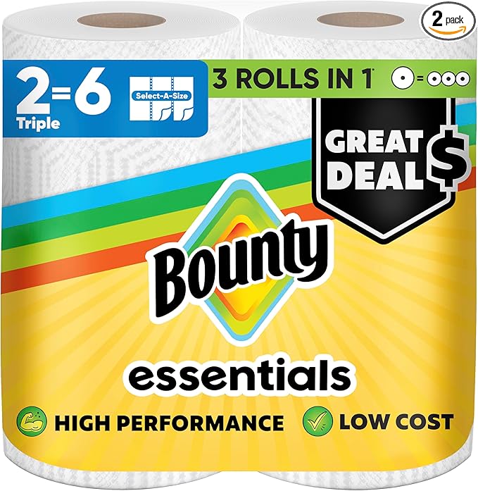 Bounty Essentials Select-A-Size Paper Towels, White, 2 Triple Rolls = 6 Regular Rolls (Packaging May Vary)
