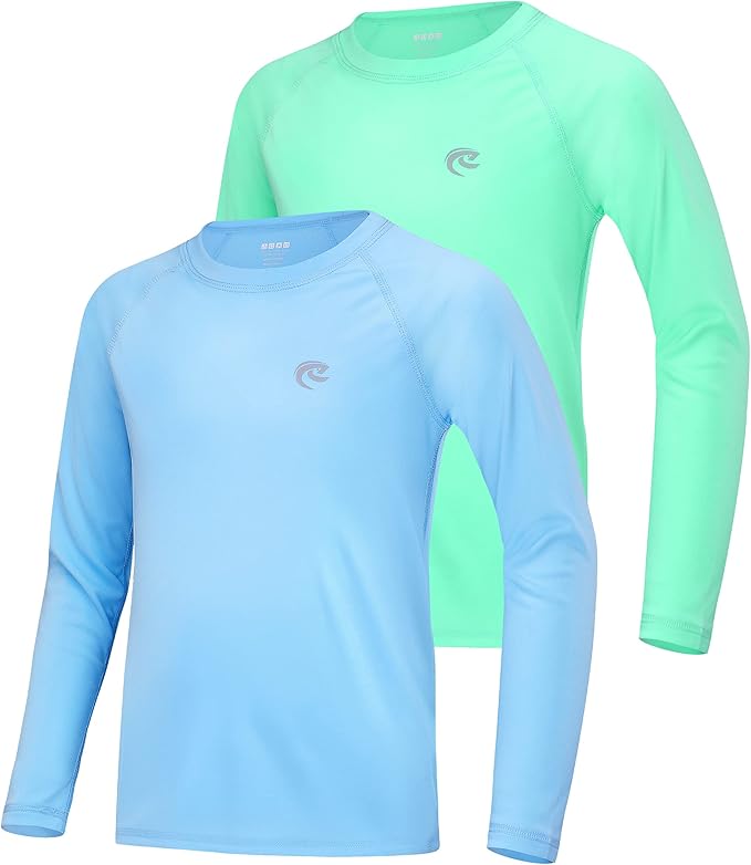 Boys UPF 50+ Swim Shirt Long Sleeve, 1 or 2 Pack UV Sun Protection Rash Guard, Youth Kids SPF Water Shirts for Beach Surf