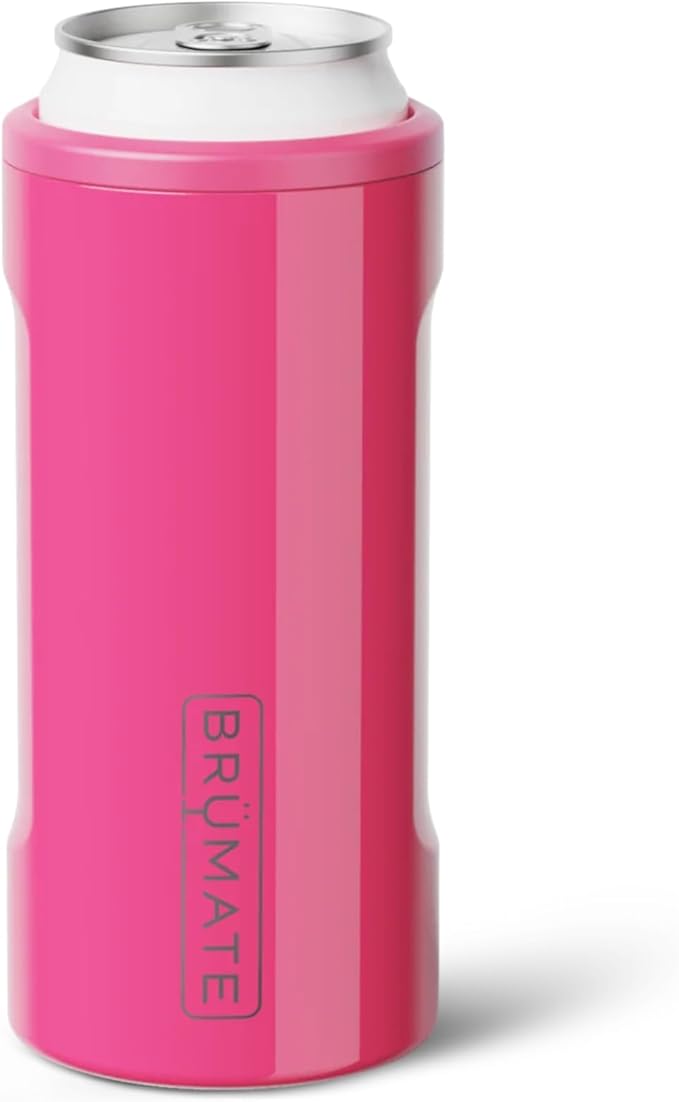 BrüMate Hopsulator Slim Can Cooler Insulated for 12oz Slim Cans | Skinny Can Insulated Stainless Steel Drink Holder for Hard Seltzer, Beer, Soda, and Energy Drinks (Neon Pink)