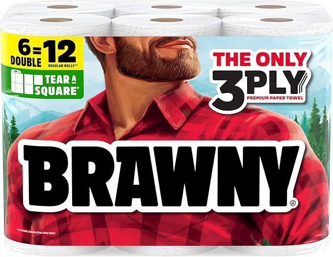 Brawny Tear-A-Square 3-Ply Paper Towels, 6 Double Rolls = 12 Regular Rolls, Strong, Absorbent, and Durable with 3 Sheet Sizes (Quarter, Half, Full)