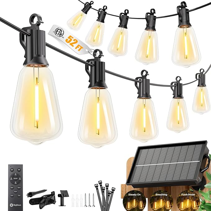 Brightown 52FT Solar String Lights Outdoor Waterproof, Patio Lights with Remote & Timer, USB/Solar Powered Dimmable Outdoor Lights, 15+1 LED Bulbs for Backyard Garden Camping Party - 26Hrs Runtime