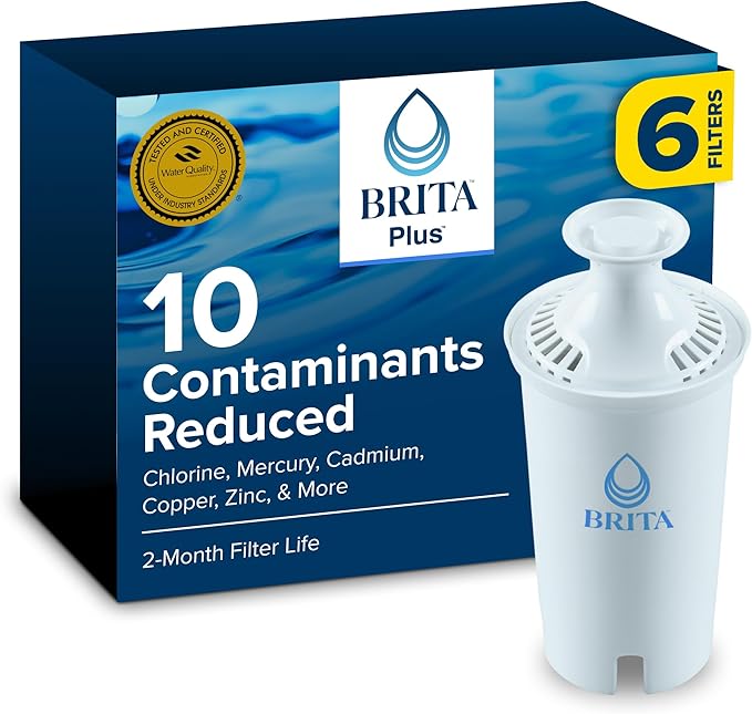 Brita BritaPlus Replacement Water Filter for Pitchers and Dispensers, WQA NSF/ANSI Certified, Reduces 2x More Contaminants vs. Standard Brita, Reduces Chlorine Zinc Copper Mercury & More, 6 Filters