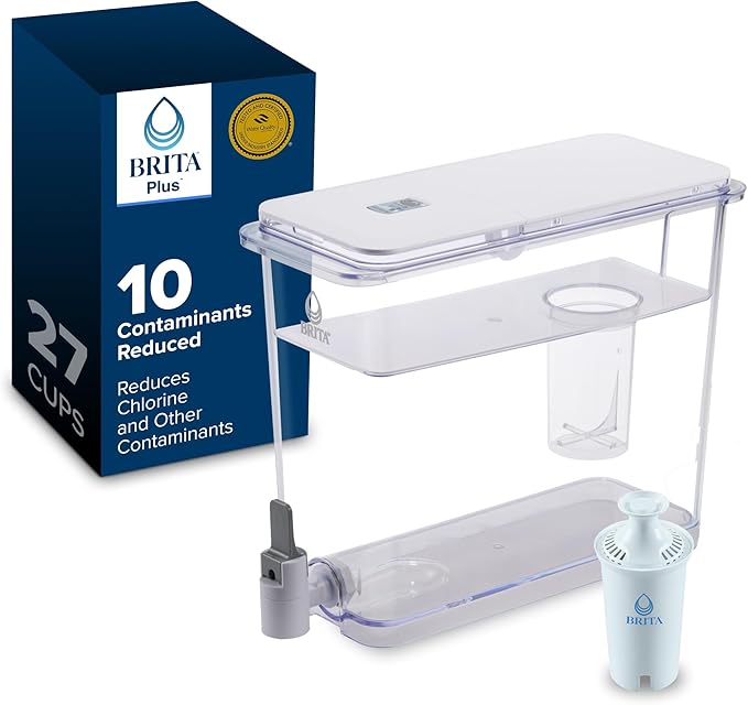 Brita Extra-Large 27-Cup Water Dispenser with BritaPlus Filter, WQA NSF/ANSI Certified, Reduces 2X Contaminants vs. Standard, Reduces Chlorine, Zinc, Copper, Mercury & More, 1 Filter Included, White