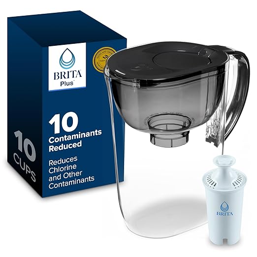 Brita Large 10-Cup Water Filter Pitcher with BritaPlus Filter, WQA NSF/ANSI Certified, Reduces 2X Contaminants vs. Standard, Removes Chlorine Taste & Odor, Reduces Zinc Copper Mercury & More, Black