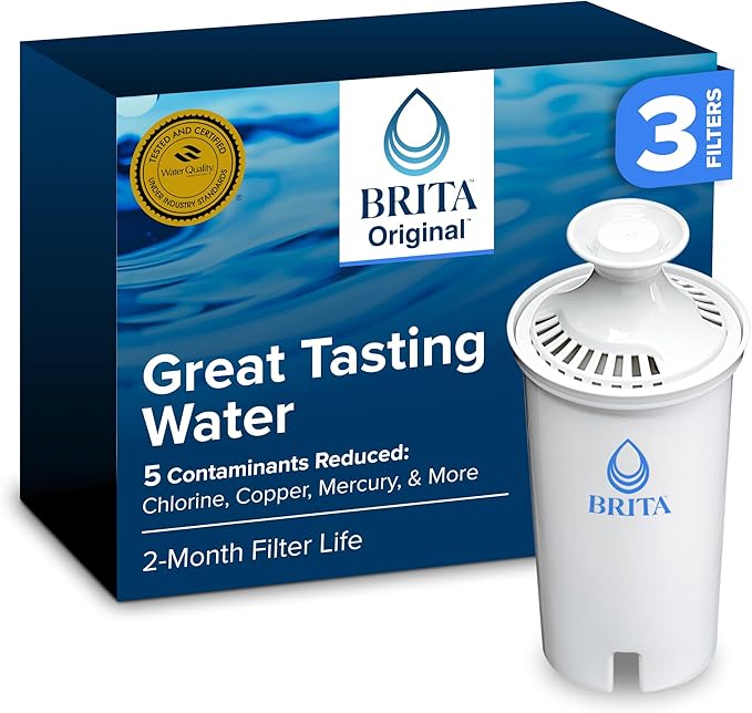 Brita Standard Water Filter for Pitchers and Dispensers, BPA-Free, Reduces Copper, Cadmium and Mercury Impurities, Lasts Two Months or 40 Gallons, Includes 3 Filters for Pitchers