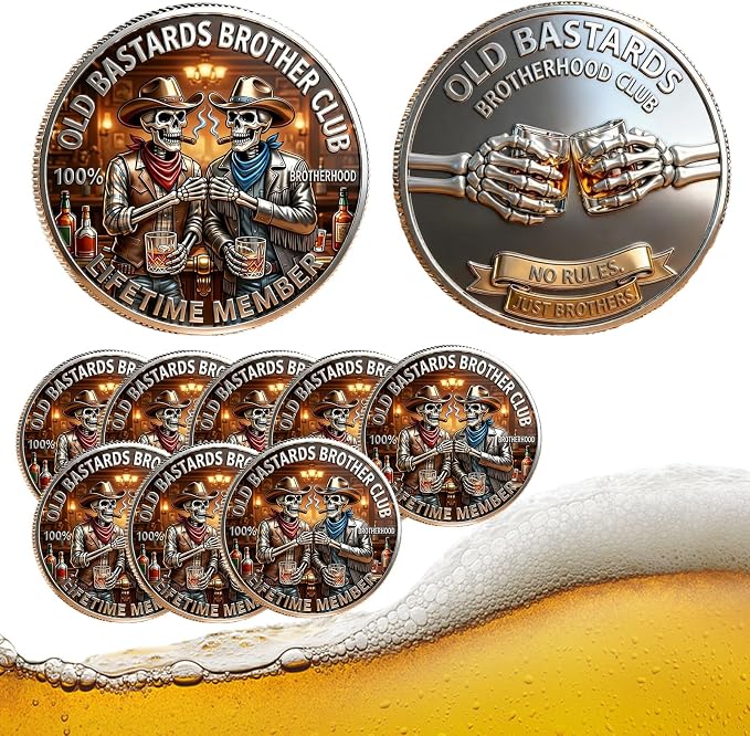 Brotherhood Lifetime Member Coin, Old F Club Challenge Coin, Funny Whiskey Novelty Token for Men, Biker Bar Keepsake, Vintage Cowboy Skull Coin (8Pcs)