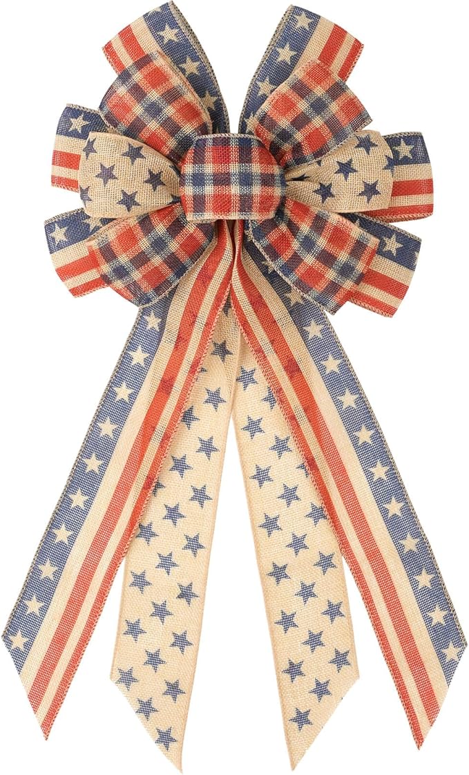 Buffalo Plaid Patriotic Bow for Wreaths Front Door, Large 21" Red White Blue Layered Burlap Wired Bow Farmhouse 4th of July Decor