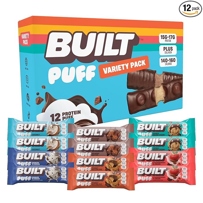 BUILT Bar Puff Protein Bars - Variety Pack - 15-17g Protein Snack Bars with Collagen - Calorie Conscious & Gluten Free - 12 Count, Variety May Vary | Protein Snack Bars with Collagen, Calorie Conscious, Gluten Free