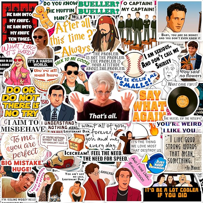 BulbaCraft 100Pcs Funny Movie Quote Stickers for Adults - Funny Meme Sayings Stickers for Water Bottles, Laptop, Phonecase - Quote from Movie Decals, Meme Gifts for Women & Men