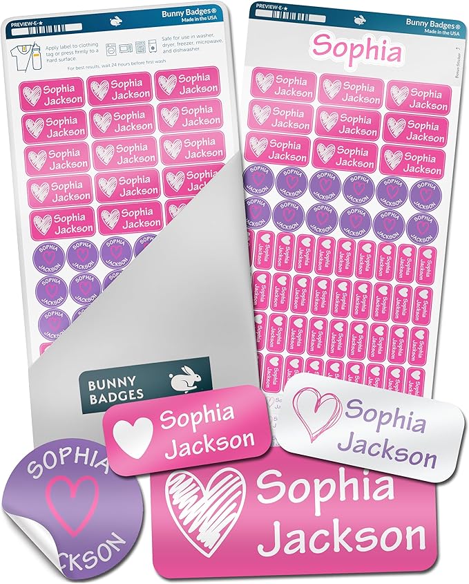 Bunny Badges Personalized Daycare Name Labels for Kids (130 Labels) - Custom Waterproof Name Stickers for Clothing Tags, Water Bottles, Lunch Boxes and School Supplies (Hearts)