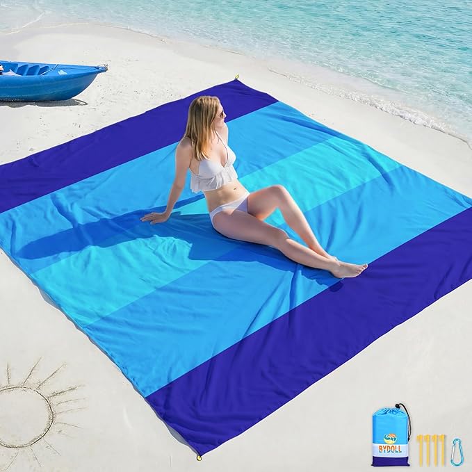 BYDOLL Beach Blanket Waterproof Sandproof Large Sand Free,78''X81''/10'X9' Oversized Sandless Lightweight Blanket Picnic Mat for Beach Travel Camping Hiking with Stakes
