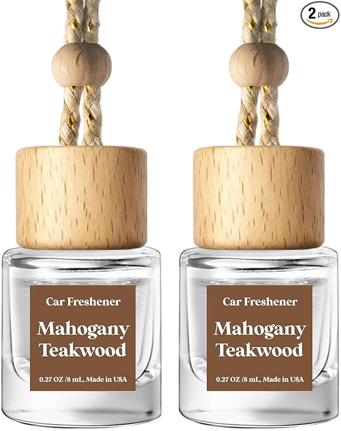 C Classy Car Air Freshener Hanging 2 Pack, Mahogany Teakwood Essential Oil Diffuser, Cute Glass Bottle, Long-Lasting Fragrance Car Accessories for Women & Men, Made in USA