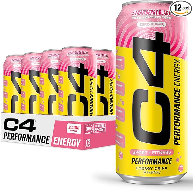 C4 Performance Energy Drink | Strawberry Blast | Zero Sugar Carbonated Preworkout Energy | 200mg Caffeine with Beta Alanine | 16 Fl Oz (12 Pack)