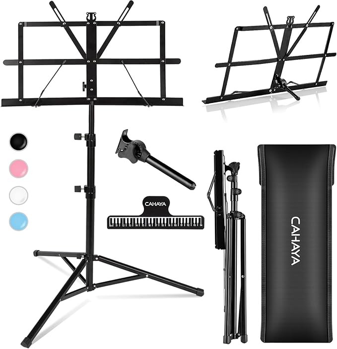 CAHAYA Portable Sheet Music Stand: Dual Use Desktop Book Holder Folding Lightweight Extra Stable Reinforced with Carrying Bag and Clip for Students Musicians Height Adjustable up to 54.3" CMS0204