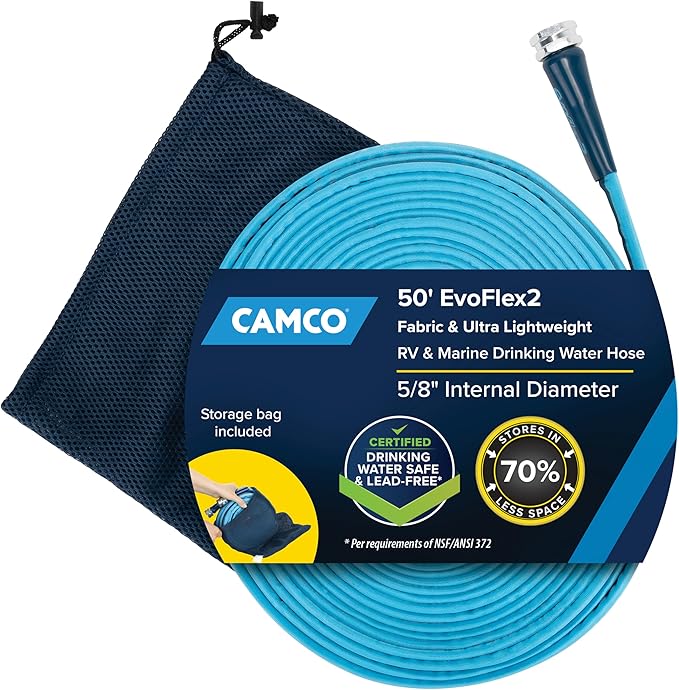 Camco EvoFlex2 50-ft Drinking Water Hose - RV Drinking Water Hose Reinforced with Fabric & Ultra Lightweight - Contains No Lead, No BPA & No Phthalate - Abrasion Resistant (22579)