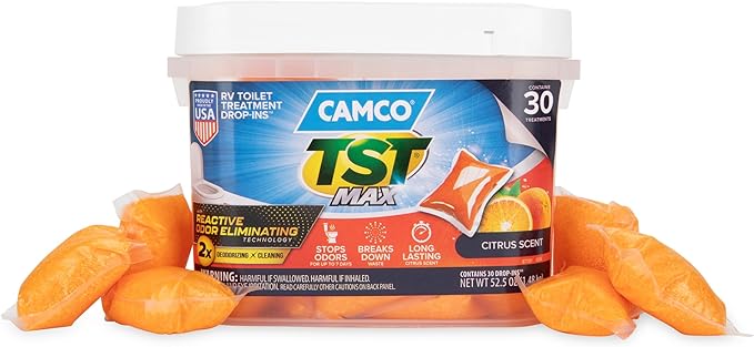 Camco TST MAX RV Toilet Treatment Drop-INs - Control Unwanted Odors & Break Down Waste and Tissue - Safe Septic Tank Treatment - Orange Scent, 30-Pack (41183)
