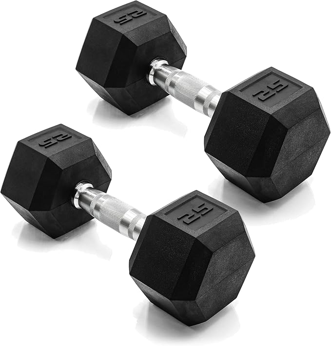 CAP Rubber Coated Dumbbell Weights, Free Weights for Home Gym Strength Training, Anti-Roll Hex Dumbbells with Black, Chrome & Comfort Grip Handles, Pairs & Sets