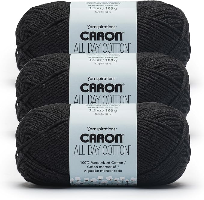 Caron All Day Cotton - 3 Pack of 173 Yards/3.52 oz Black 100% Mercerized Cotton Yarn