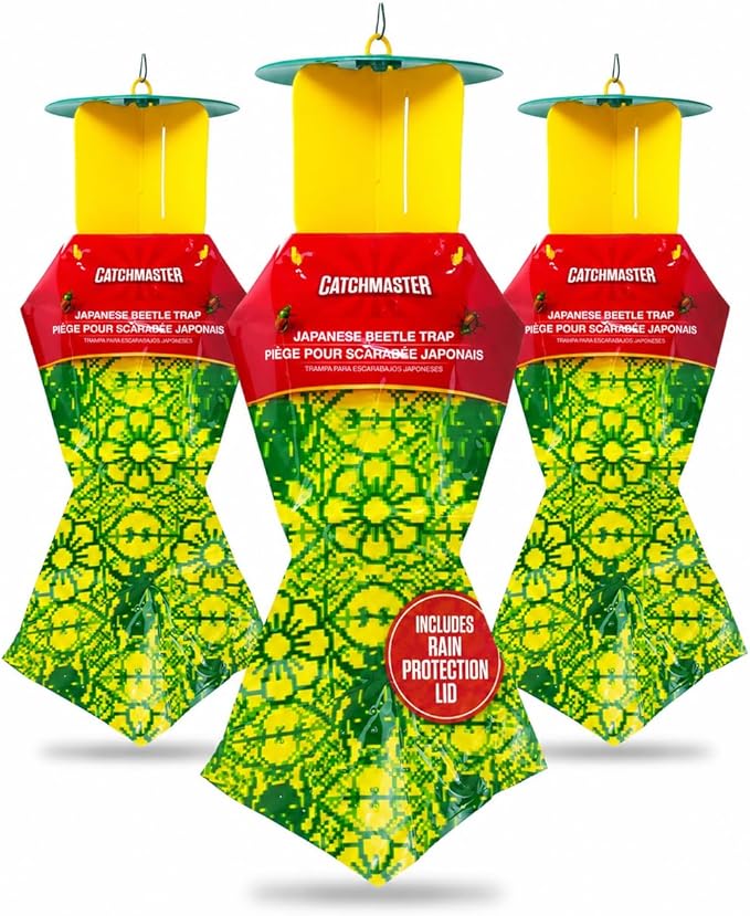Catchmaster Japanese Beetle Traps w/Rain-Proof Cap 3-Pack & Dual Lure, Beetle Bag Trap, Hanging Beetle Catcher, Pest Control for Backyard & Garden, Plants, Trees, Vegetables & Flowers