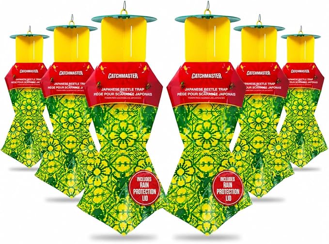 Catchmaster Japanese Beetle Traps w/Rain-Proof Cap 6-Pack & Dual Lure, Beetle Bag Trap, Hanging Beetle Catcher, Pest Control for Backyard & Garden, Plants, Trees, Vegetables & Flowers
