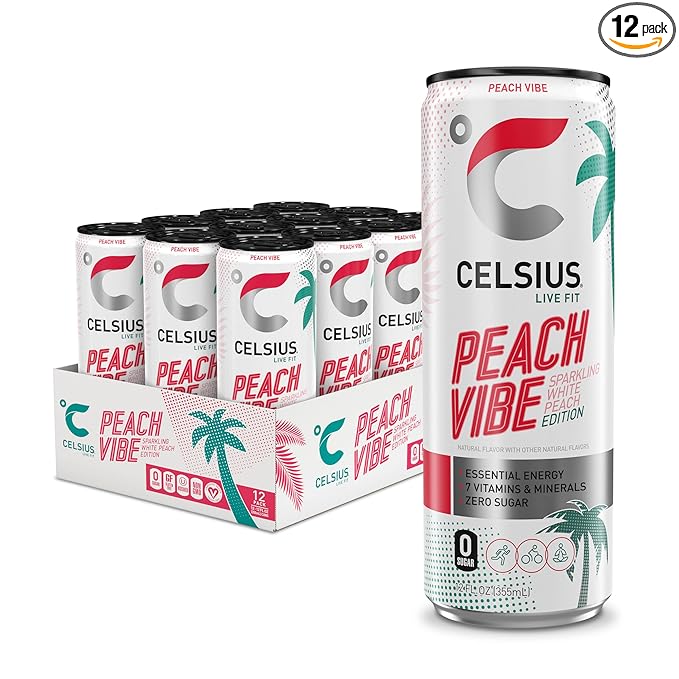 CELSIUS PEACH VIBE Sparkling White Peach, Sugar Free Energy Drink, 12 Fl Oz (Pack of 12)