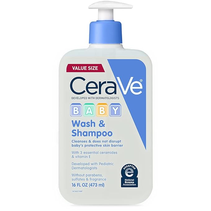 CeraVe Baby Wash & Shampoo, Tear-Free 2-in-1 Bath Wash for Hair & Skin, with Vitamin E, Fragrance-Free, Paraben-Free, Dye-Free, Phthalates-Free, Sulfate-Free, 16oz