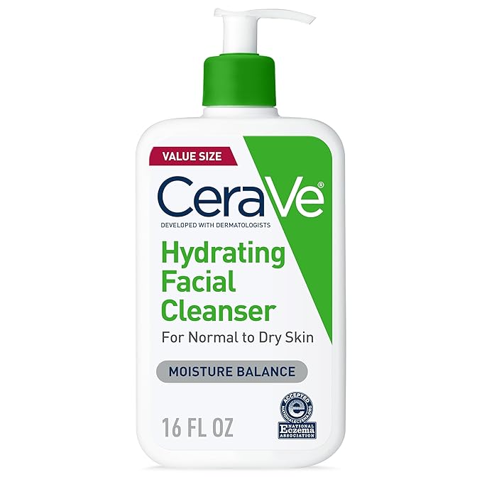 CeraVe Hydrating Facial Cleanser, Moisturizing Face Wash For Dry Skin, Hyaluronic Acid + Ceramides + Glycerin, Hydrating Cleanser For Normal To Dry Skin, National Eczema Association Certified, 16 Oz