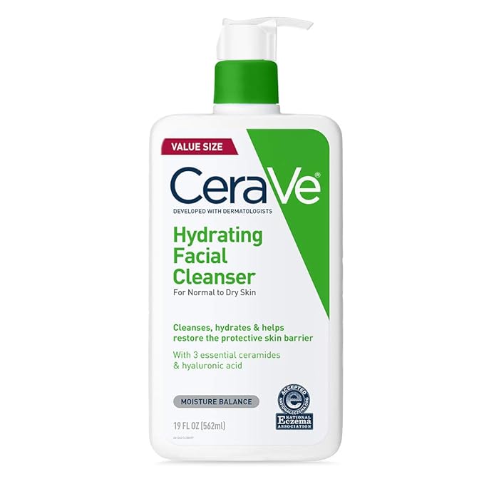 CeraVe Hydrating Facial Cleanser, Moisturizing Face Wash For Dry Skin, Hyaluronic Acid + Ceramides + Glycerin, Hydrating Cleanser For Normal To Dry Skin, National Eczema Association Certified, 19 Oz