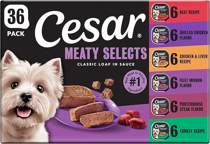 Cesar Wet Dog Food Classic Loaf in Sauce Grilled Chicken, Filet Mignon, Porterhouse Steak, Beef, Chicken & Liver and Turkey Variety Pack 3.5 oz. Easy Peel Trays (36 Count, Pack of 1)