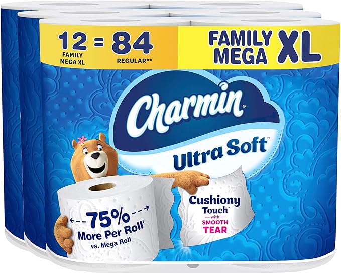 Charmin Ultra Soft Cushiony Touch Toilet Paper, 12 Family Mega XL Rolls = 84 Regular Rolls