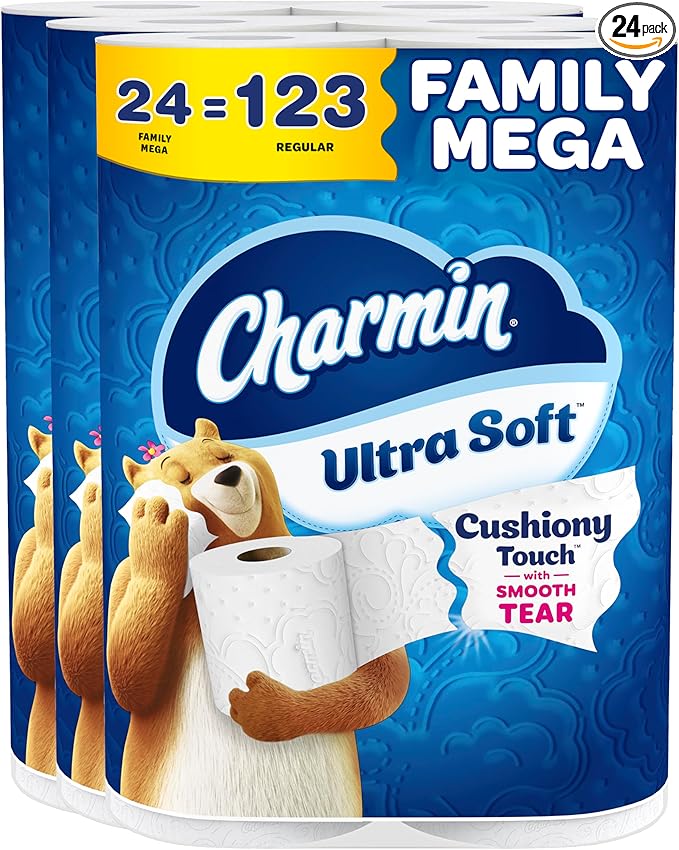 Charmin Ultra Soft Cushiony Touch Toilet Paper, 24 Family Mega = 123 Regular Rolls, White