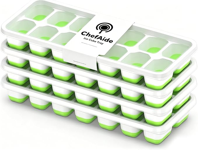 ChefAide 4‑Pack Ice Cube Trays with Lids, 56‑Cube Total Stackable Freezer Ice Trays, Durable Silicone & Plastic Easy‑Release Ice Molds for Cocktails, Coffee & Drinks