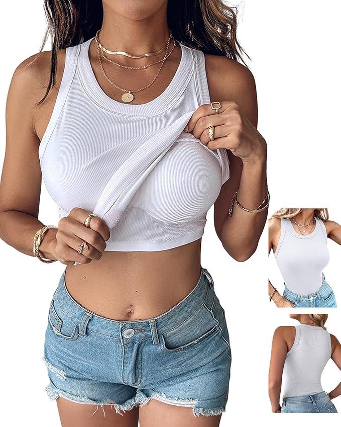 CHICME Women Built-in Bra Tank Tops Sleeveless Casual Shirts Racerback Ribbed Fitted Tank Tops