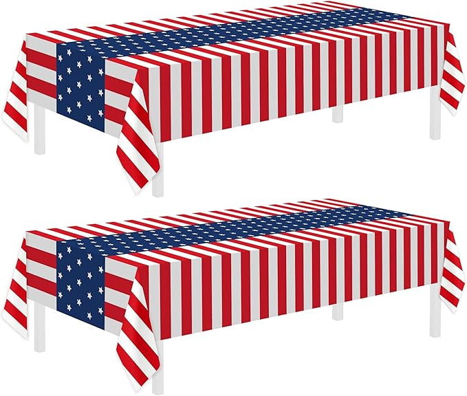 Childom 2 Pack Patriotic Tablecloths,Patriotic Decorations 54" x 108" Disposable American Flag Tablecloths for Event Accessories,Plastic Table Cloth for Veterans,July 4th,Picnic,Dinner,Party Supplies