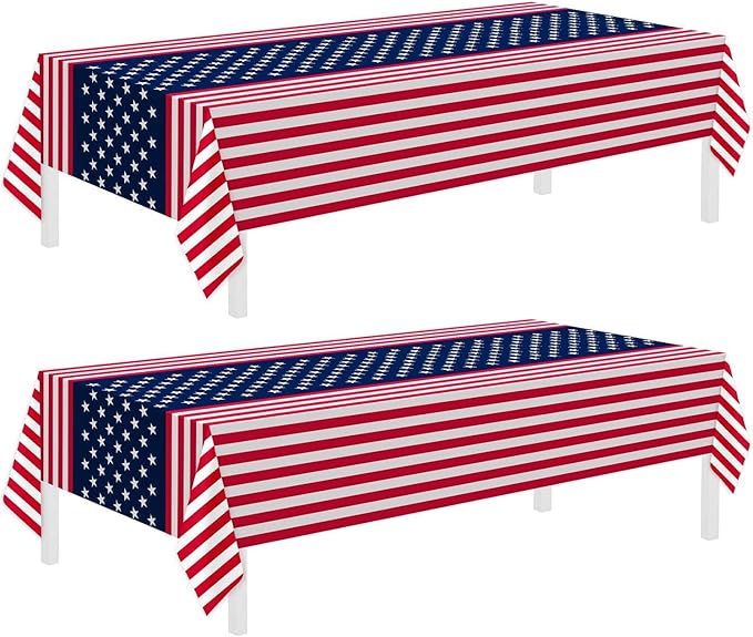 Childom 2 Pack Patriotic Tablecloths,Patriotic Decorations 54" x 108" Disposable American Flag Tablecloths for Event,Party Table Cloth Plastic for Veterans Day,4th of July,Picnic,Dinner,Party Supplies