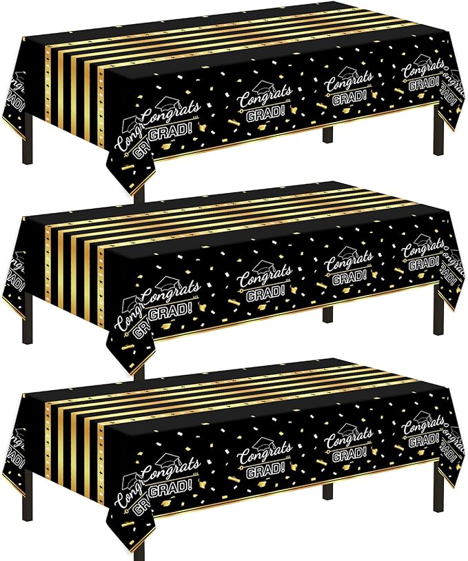 Childom 3 Pack Graduation Tablecloth,Graduation Decorations Class of 2026 Graduation Party Decorations,54"x108" Black and Gold Plastic Table Cloth Disposable Rectangle for Home,School,Party Supplies