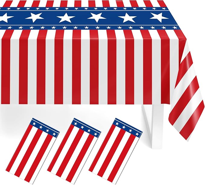 Childom 3 Pack Patriotic Tablecloth 4th of July Decorations,Plastic Disposable Table Cloth 54"x108" for Red White and Blue Decorations, American Flag 4th of July Tablecloth,USA Party Supplies
