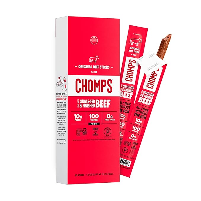 Chomps Grass-Fed and Finished Original Beef Jerky Snack Sticks 10-Pack - Keto, Paleo, Whole30, 10g Lean Meat Protein, Gluten-Free, Zero Sugar Food, Non-GMO