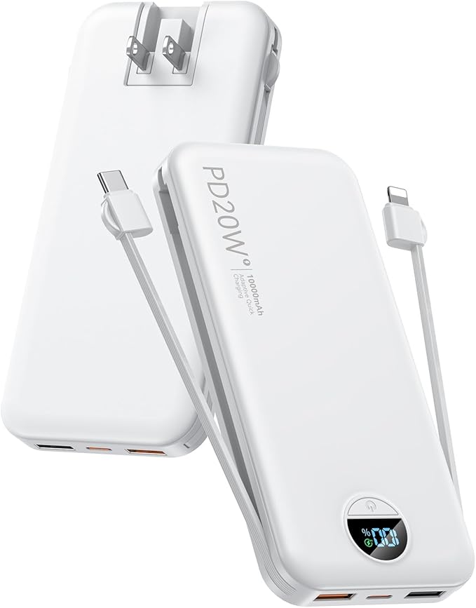 citicr Portable Charger 10000mAh PD20W w/Built-in Cables & Wall Plug White | Fast charging, Built-in wall plug, LED display, Charge 5 devices at once, Pass through charging, TSA approved, Pocket size
