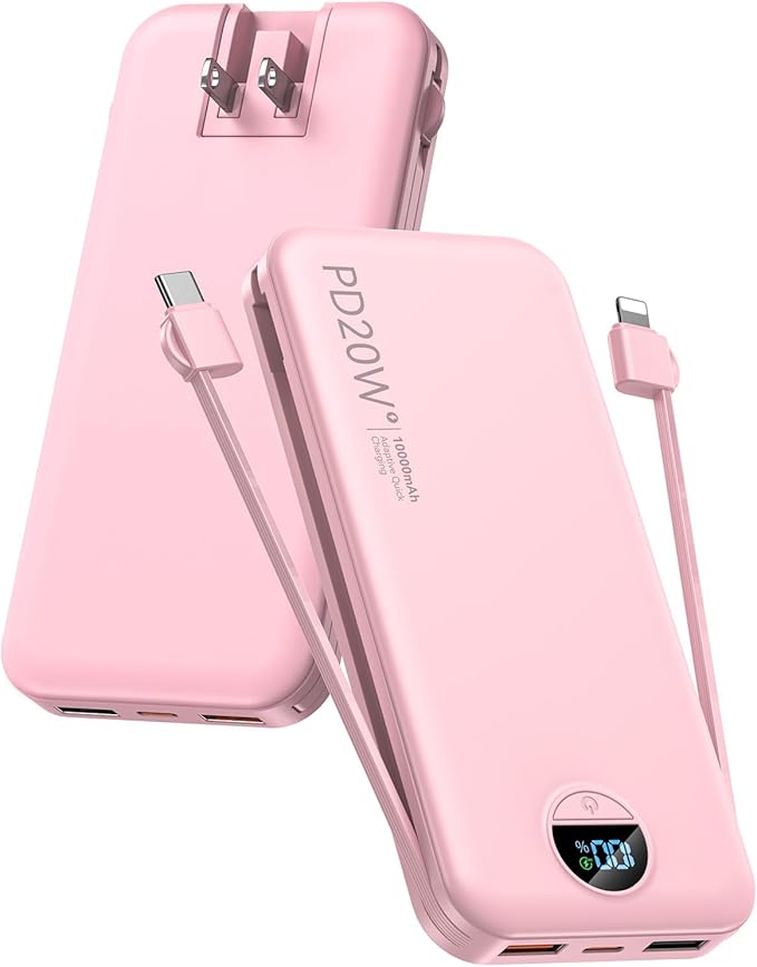 citicr Portable Charger 10000mAh PD20W w/Built-in Cables & Wall Plug Pink | Fast charging, Built-in wall plug, LED display, Charge 5 devices at once, Pass through charging, TSA approved, Pocket size