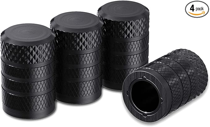 CKAuto Tire Valve Stem Caps, Black, 4 pcs/Pack, Anodized Aluminum Tire Valve Cap Set, Corrosion Resistant, Universal Stem Covers for Cars Trucks Motorcycles SUVs and Bikes