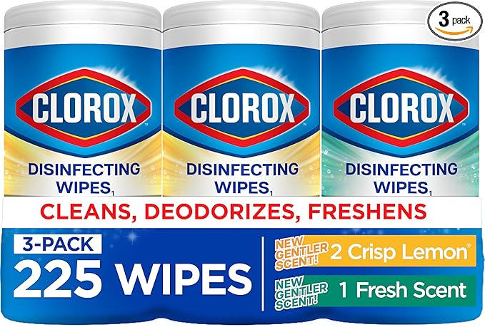 Clorox Disinfecting Wipes for Allergy Season, Bleach-Free, Multi-Surface Cleaner, Antibacterial, Fresh Scent & Crisp Lemon, 75 Count Each, Pack of 3