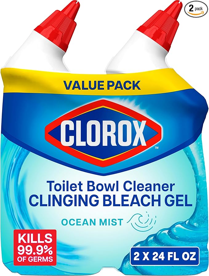 Clorox Toilet Bowl Cleaner Clinging Bleach Gel, Kills 99.9% of Bacteria and Viruses, Ocean Mist, 24 Fl Oz, Pack of 2